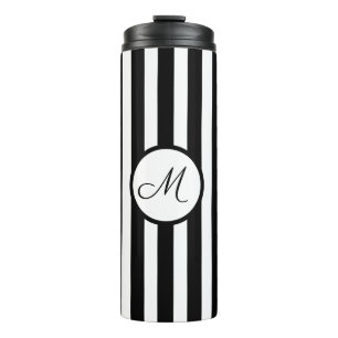 Striped Black White Gold Monogram Thermal Tumbler