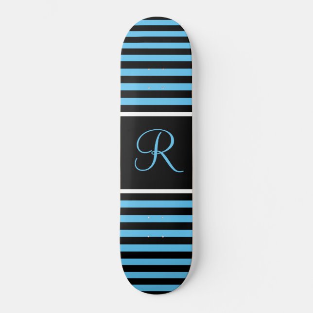 Striped Blue and Black Custom Initial Letter Skateboard (Front)