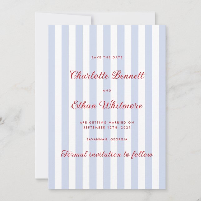 Striped Blue and Red Save the Date Invitation (Front)