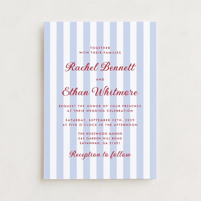 Striped Blue and Red Wedding Invitation (Creator Uploaded)