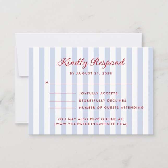 Striped Blue and Red Wedding RSVP Card (Front)