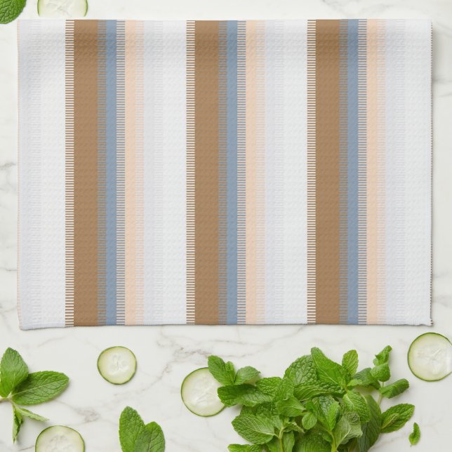 Striped Blue Grey Grey Gold Beige Brown Tan Tea Towel (Folded)
