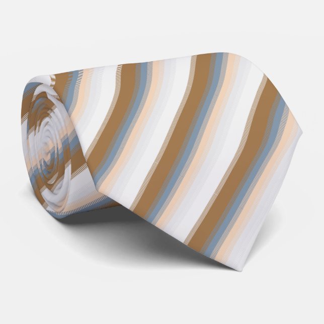 Striped Blue Grey Grey Gold Beige Brown Tan Tie (Rolled)