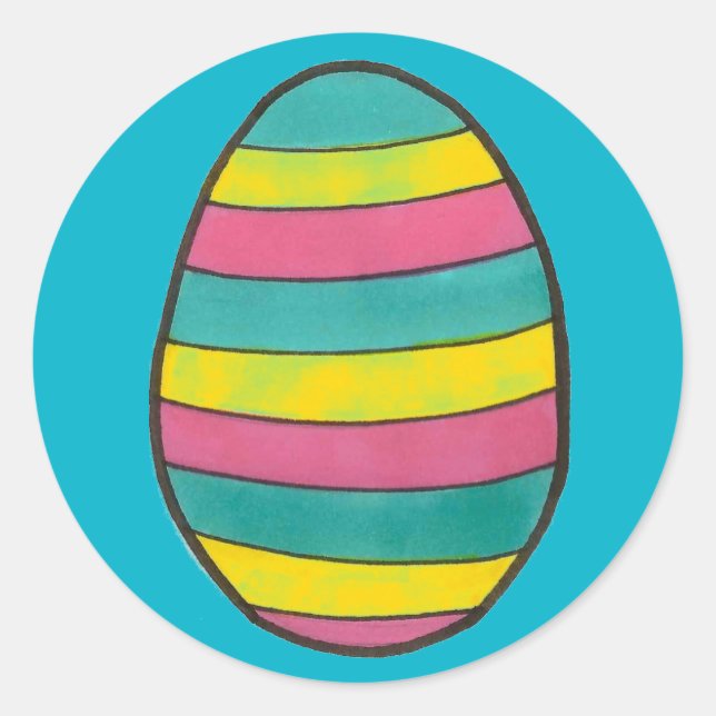Striped Blue Happy Easter Egg Hunt Painted Eggs Classic Round Sticker (Front)