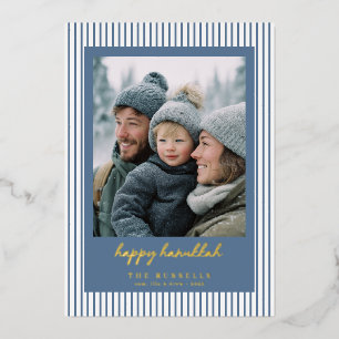 Striped Blue Happy Hanukkah Photo Foil Holiday Card