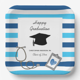 Striped Blue Nursing School Graduate Paper Plate