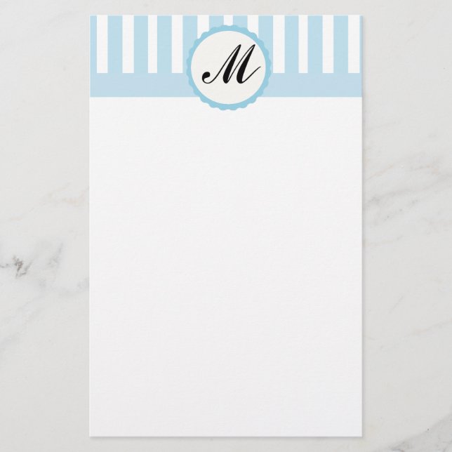 Striped Blue White Custom Monogram stationery (Front)