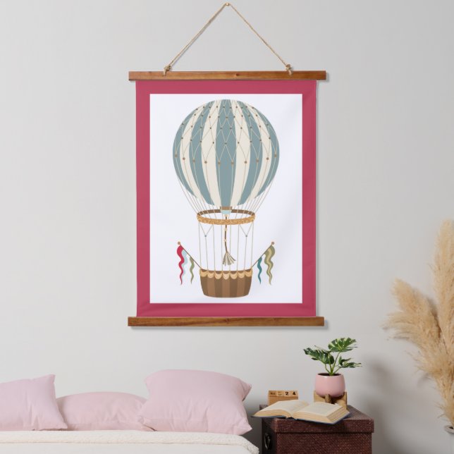 Striped Blue & White Steampunk Hot Air Balloon Hanging Tapestry (Bedroom)