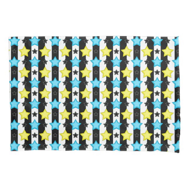 Striped Blue Yellow Stars Pattern Design  Pillowcase (Front)