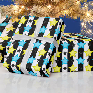 Striped Blue Yellow Stars Pattern Design Wrapping Paper