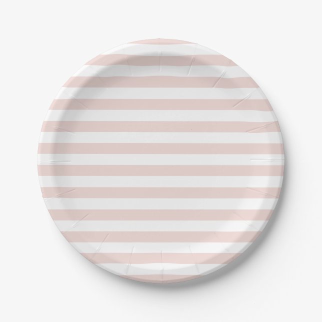 Striped blush pink white horizontal stripes chic paper plate (Front)
