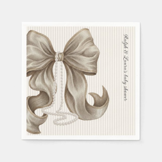 Striped Bow Ivory Pearl Baby Shower  Napkin (Front)