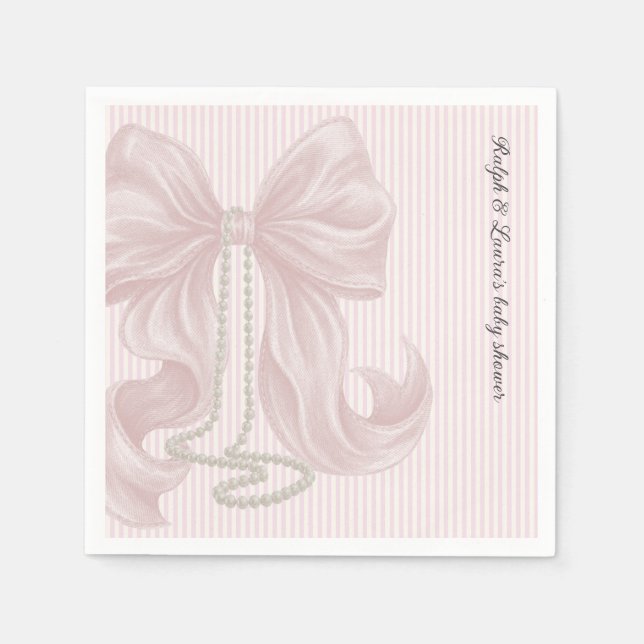 Striped Bow Ivory Pink Baby Shower  Napkin (Front)
