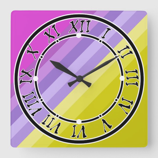 Striped, bright square wall clock (Front)