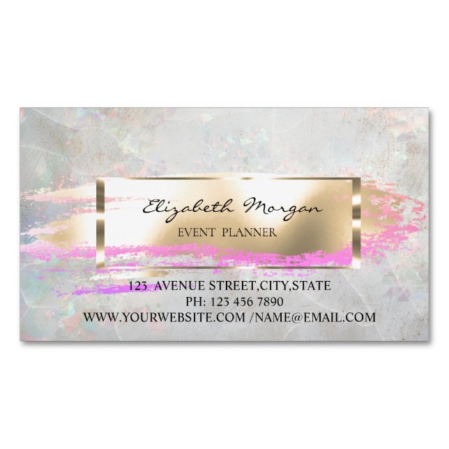 Striped,Brush Stroke,Gold Frame Holographic Opal Magnetic Business Card (Front)