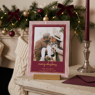 Striped Burgandy Merry Christmas Photo Foil Holiday Card
