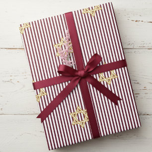Striped Burgundy Jewish Gold Star of David Wrapping Paper