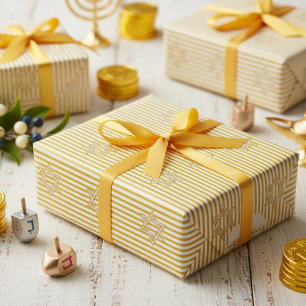 Striped Candle Flame Yellow Jewish Star of David Wrapping Paper