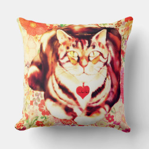 Striped Cat Art with Floral Background Cushion