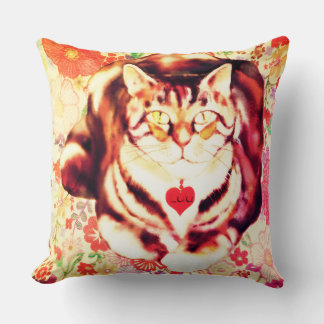 Striped Cat Art with Floral Background Cushion