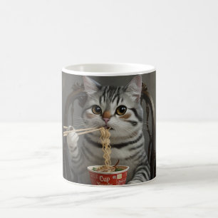 Striped Cat Enjoying Cup Noodles