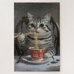 Striped Cat Enjoying Cup Noodles Jigsaw Puzzle