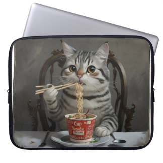 Striped Cat Enjoying Cup Noodles Laptop Sleeve