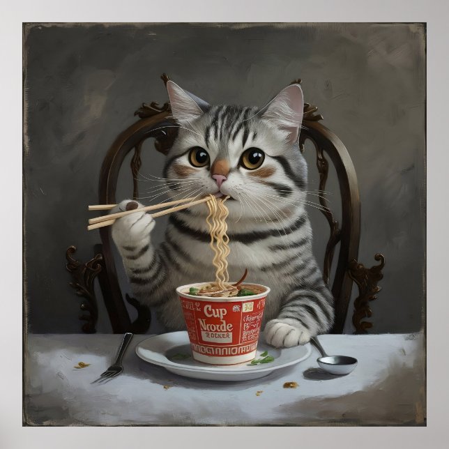 Striped Cat Enjoying Cup Noodles Poster (Front)