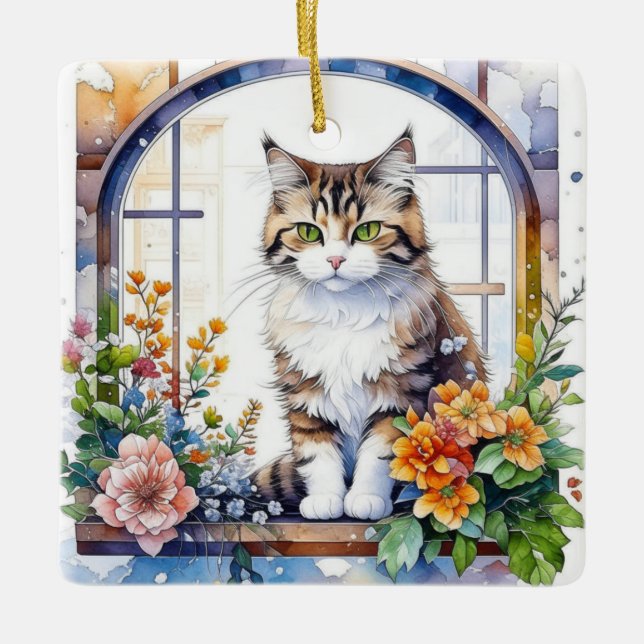Striped Cat in Window of Flowers Personalised Ceramic Ornament (Front)