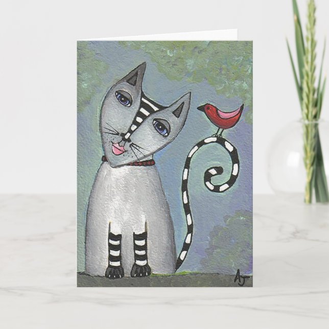 Striped Cat & Red Bird - Greeting Card (Front)