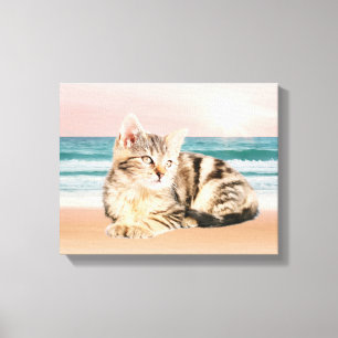 Striped Cat Sitting on Beach sunset Oil Painting Canvas Print