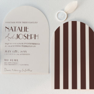 Striped Chocolate Brown Old Money Arched Wedding Invitation