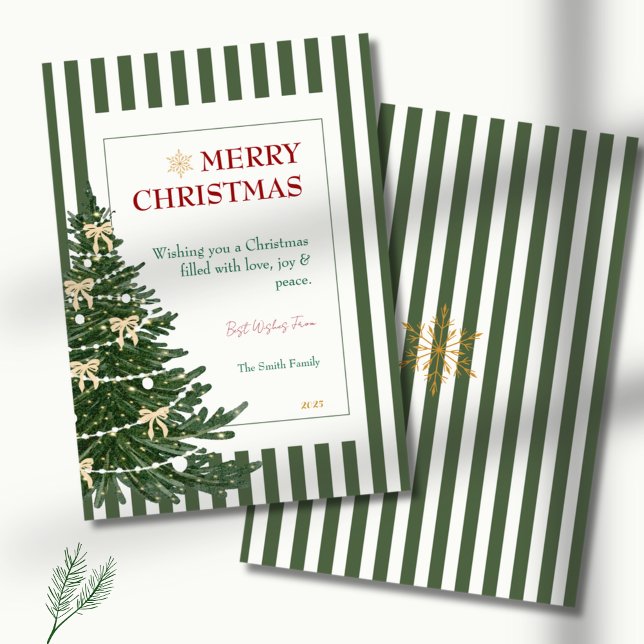 Striped Christmas Holiday Card with Pine Tree (christmas card, green stripe christmas card, christmas tree card, tree with bows, festive holiday ca)