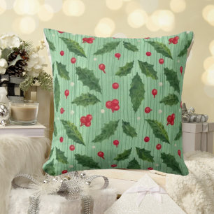 Striped Christmas Holly Green Red Throw Pillow