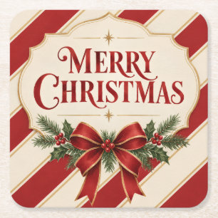 Striped Christmas , Merry Christmas Greeting style Square Paper Coaster
