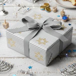 Striped Classic Silver Jewish Gold Star of David Wrapping Paper