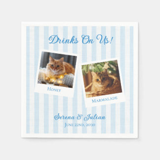 Striped Coastal Pet Photo Drinks On Us Wedding Napkin