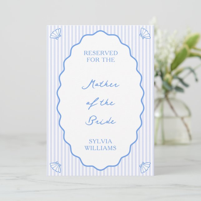 Striped Coastal Reserved Seat Wedding Blue Sign  Card (Standing Front)