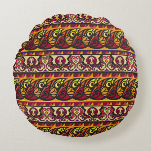Striped colourful ethnic seamless ornament. Floral Round Cushion