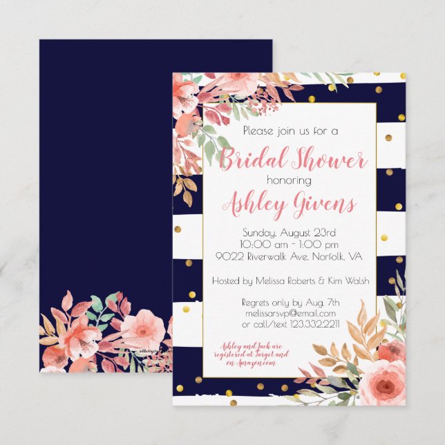 Striped Confetti Floral Bridal Shower Invitation (Front/Back)