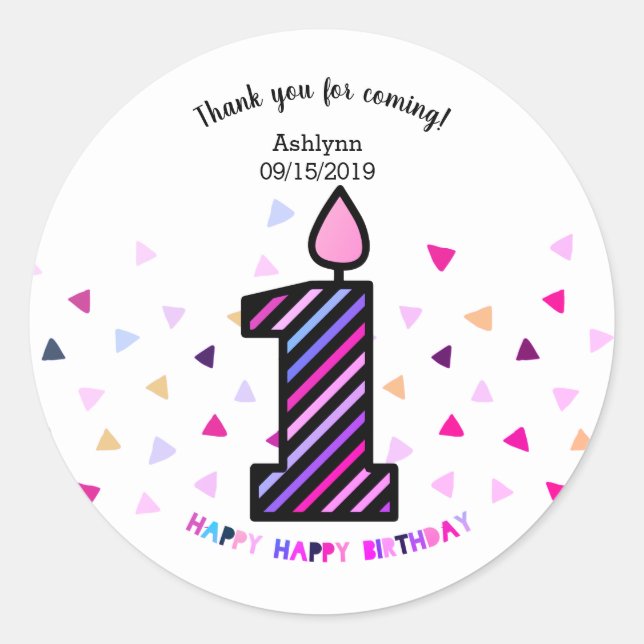 Striped Confetti Pink Purple 1st Birthday Girl Classic Round Sticker (Front)
