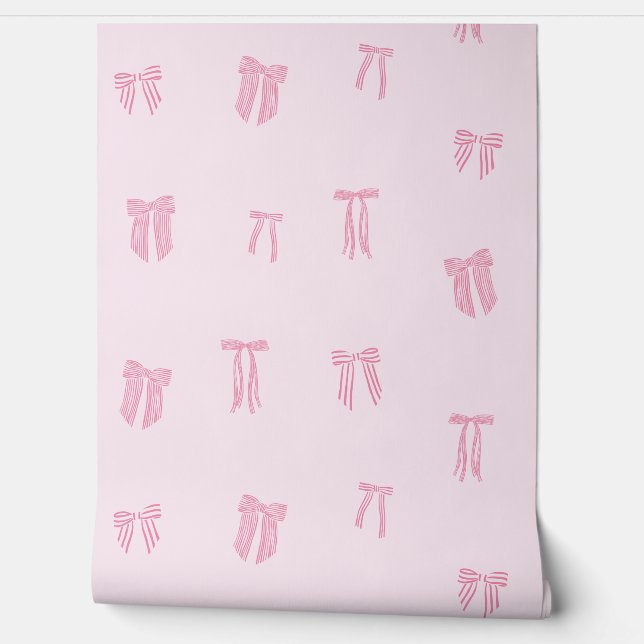 Striped Coquette Bows pink on light pink Wallpaper (Unrolling)