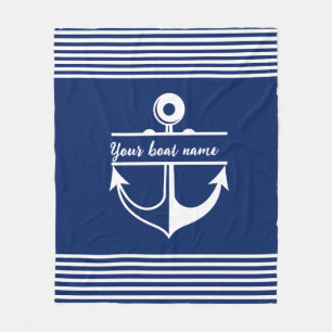 Striped Custom Boat Name anchor Navy Blue Fleece Blanket
