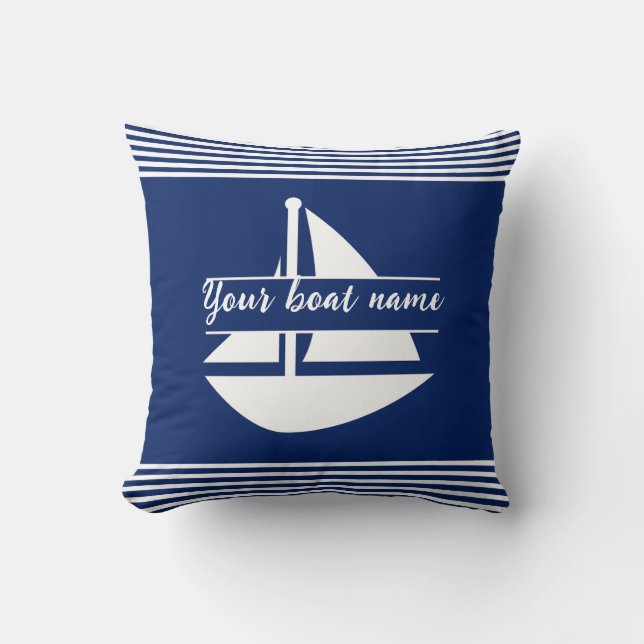 Striped Custom Boat Name Navy Blue Throw Pillow (Front)