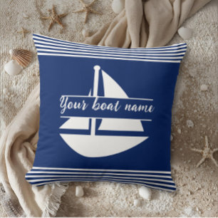 Striped Custom Boat Name Navy Blue Throw Pillow