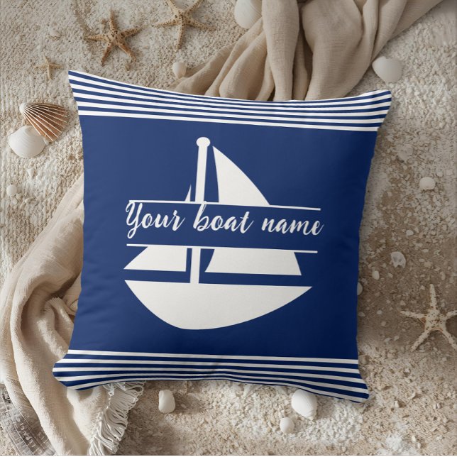 Striped Custom Boat Name Navy Blue Throw Pillow (Creator Uploaded)