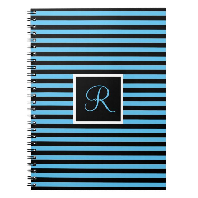 Striped Custom Initial Letter Blue and Black Notebook (Front)