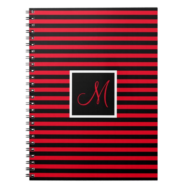Striped Custom Initial Letter Red and Black Notebook (Front)