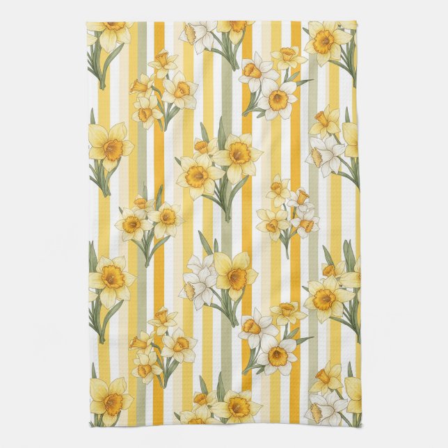 Striped Daffodil Floral Pattern Tea Towel (Vertical)