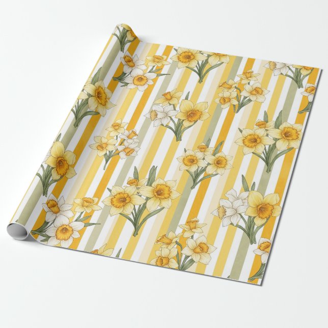 Striped Daffodil Floral Pattern Wrapping Paper (Unrolled)